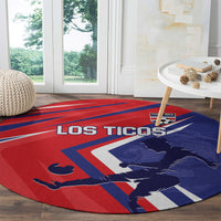Red and blue round Los Ticos soccer carpet with Costa Rica crest and map silhouette