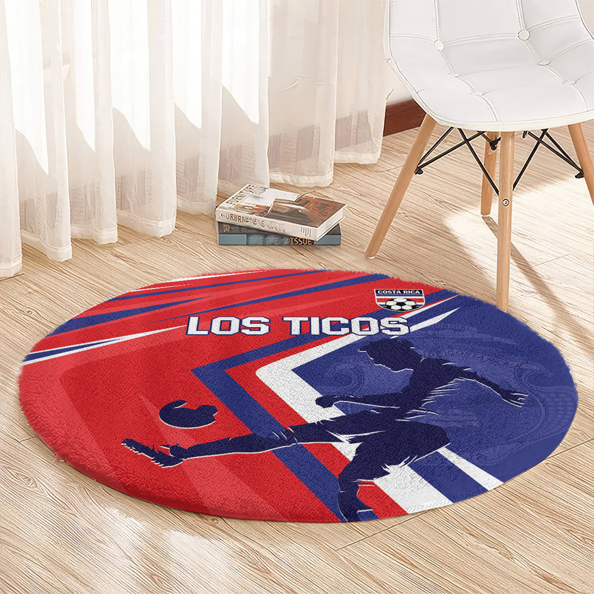 Red and blue round soccer carpet with 'Los Ticos' lettering, crest and fan graphic