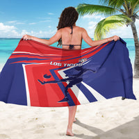Red and navy soccer sarong with 'LOS TICOS' logo, draped front view