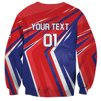 Red soccer sweatshirt with blue striped geometric pattern and 'YOUR TEXT 01' print
