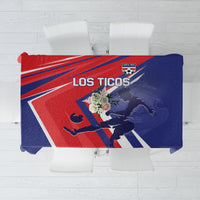 Soccer tablecloth flat with Los Ticos graphic, blue and red stripe pattern