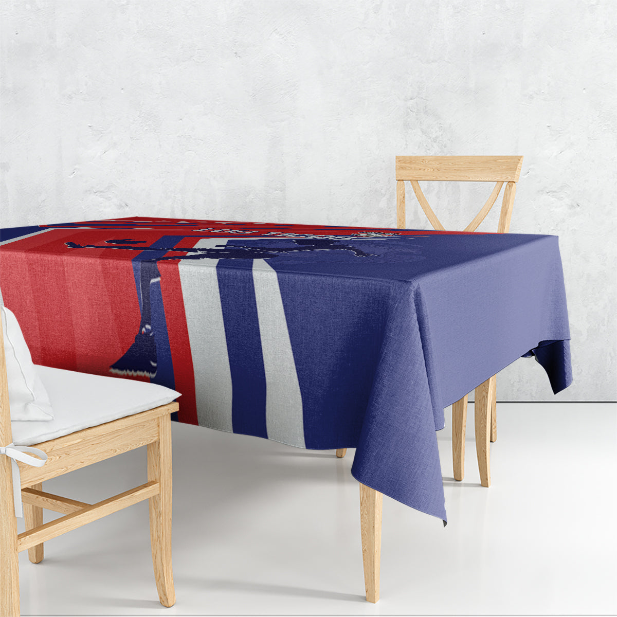 Soccer tablecloth draped over table with red, blue, and white stripes