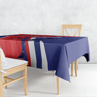 Soccer tablecloth draped over table with red, blue, and white stripes