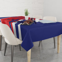 Soccer tablecloth with blue, red, and white vertical stripe design