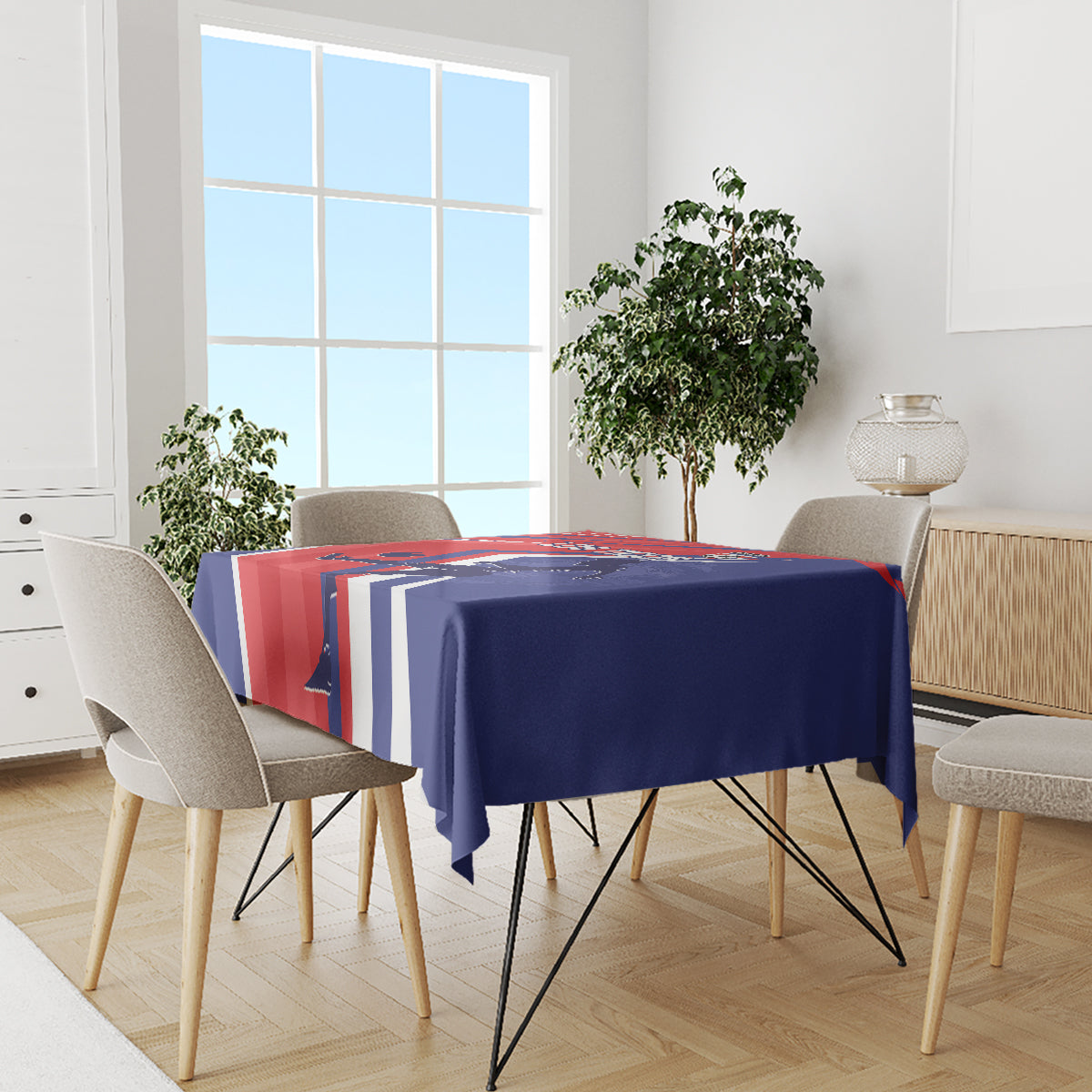 Soccer tablecloth on dining table with blue and red striped panel design