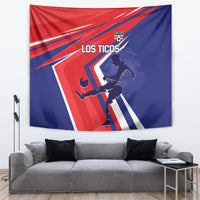 Costa Rica soccer tapestry with red and blue design, 'LOS TICOS' and player graphic