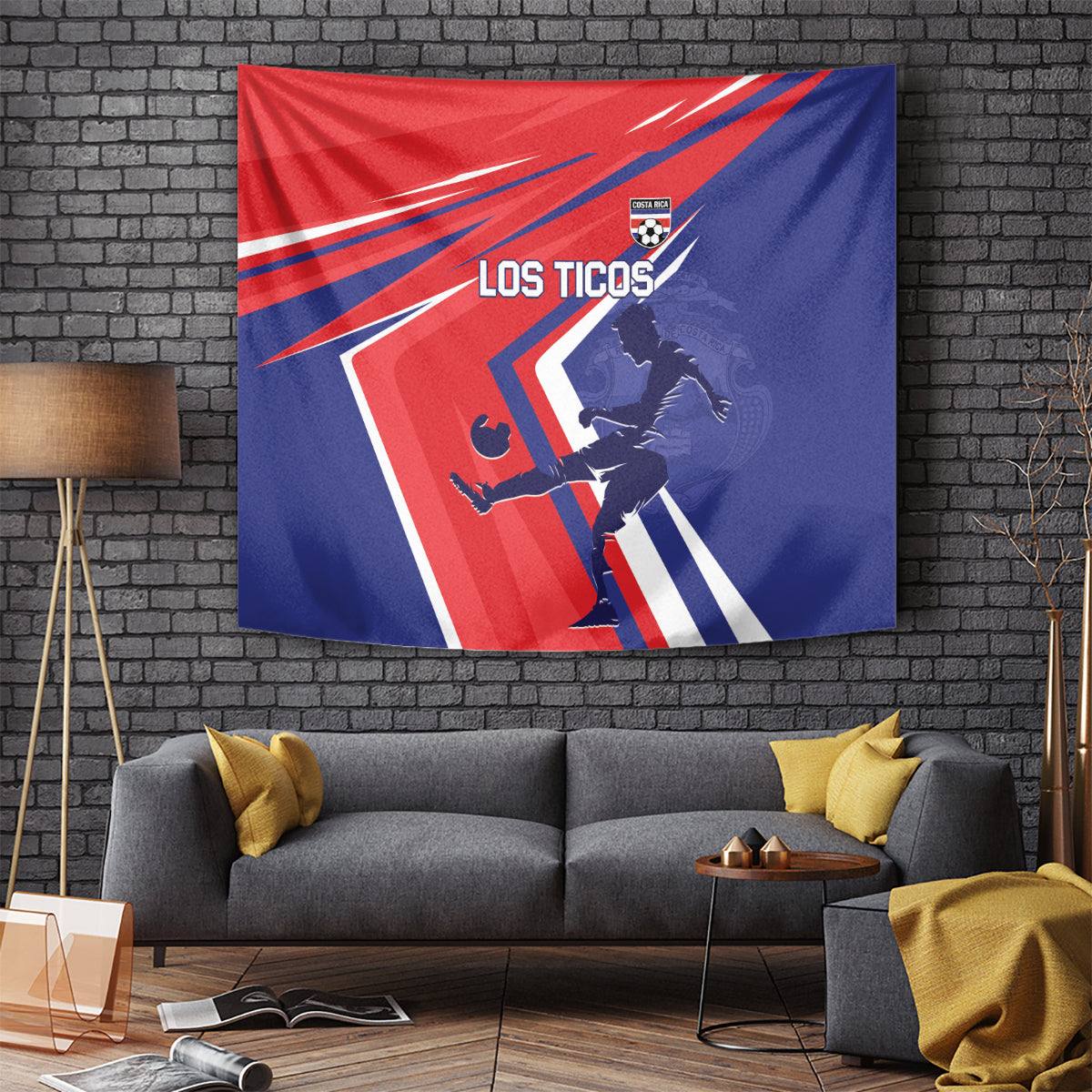 Costa Rica soccer tapestry displayed on brick wall, red-blue fan graphic with player