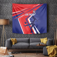 Costa Rica soccer tapestry displayed on brick wall, red-blue fan graphic with player
