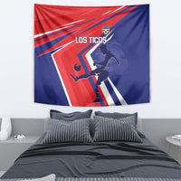 Costa Rica soccer tapestry on wall above bed, red and blue 'LOS TICOS' player artwork