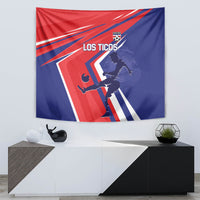 Costa Rica soccer tapestry hanging on wall, red and blue with 'LOS TICOS' player graphic