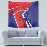 Costa Rica soccer tapestry on wall, red and blue diagonal rays with player silhouette