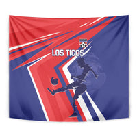 Costa Rica soccer tapestry close-up, red and blue rays with 'LOS TICOS' and player