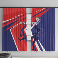 Costa Rica soccer window curtain panels, red and navy blue with crest and Los Ticos lettering