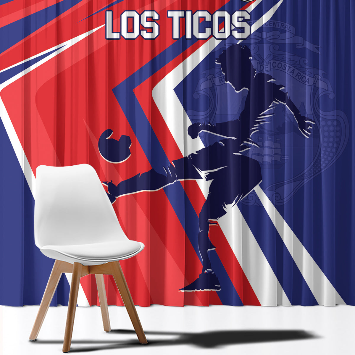 Costa Rica soccer window curtain close-up, red and navy diagonal stripe graphics with Los Ticos