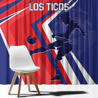 Costa Rica soccer window curtain close-up, red and navy diagonal stripe graphics with Los Ticos