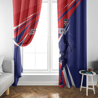 Costa Rica soccer window curtain set, red and blue diagonal stripe panels with Los Ticos text