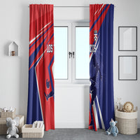 Costa Rica soccer window curtains, tall red and navy panels with diagonal stripes and player graphic