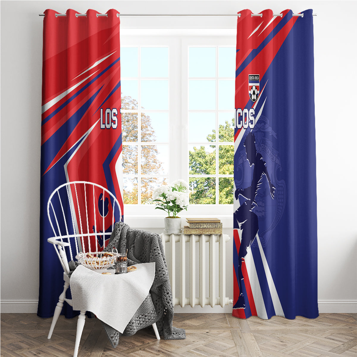 Costa Rica soccer window curtain set, red and navy blue panels with diagonal stripes and crest
