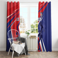 Costa Rica soccer window curtain set, red and navy blue panels with diagonal stripes and crest