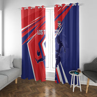 Costa Rica soccer window curtain set, red panel with diagonal stripes and navy panel on each side