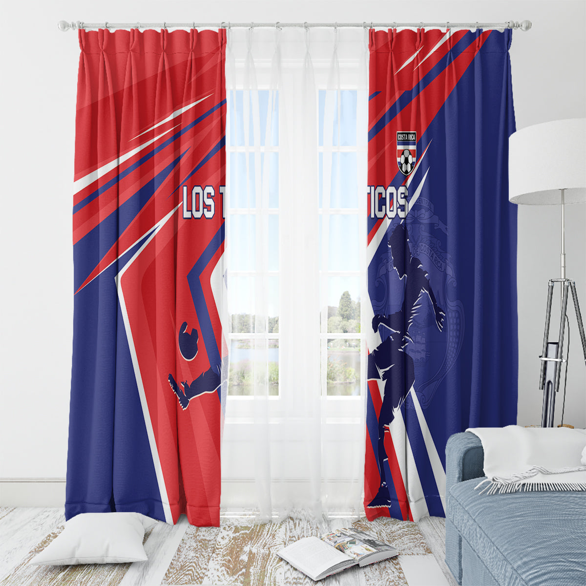 Costa Rica soccer window curtains with rod pockets, red and navy diagonal stripe style panels