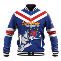Blue unisex baseball jacket with red-white stripe sleeves and Cape Verde graphic