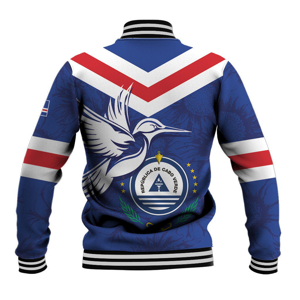 Blue unisex baseball jacket with back bird emblem, central logo and striped rib trim