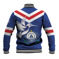 Blue unisex baseball jacket with back bird emblem, central logo and striped rib trim