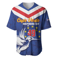 Blue baseball jersey with red-and-white chevron, bird graphic, stars, 49th print