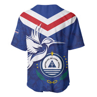 Blue baseball jersey with red-and-white chevron, bird, circular crest with laurel and stars