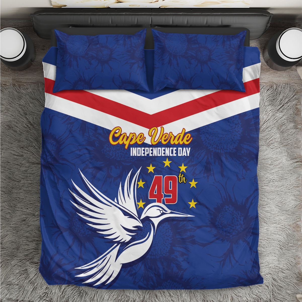 Blue Independence Day bedding set with red-and-white stripe, dove graphic, and Cape Verde text
