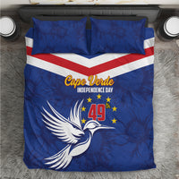 Blue Independence Day bedding set with red-and-white stripe, dove graphic, and Cape Verde text
