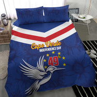 Blue duvet cover bedding set with red-and-white chevron stripe, dove graphic, and Cape Verde text
