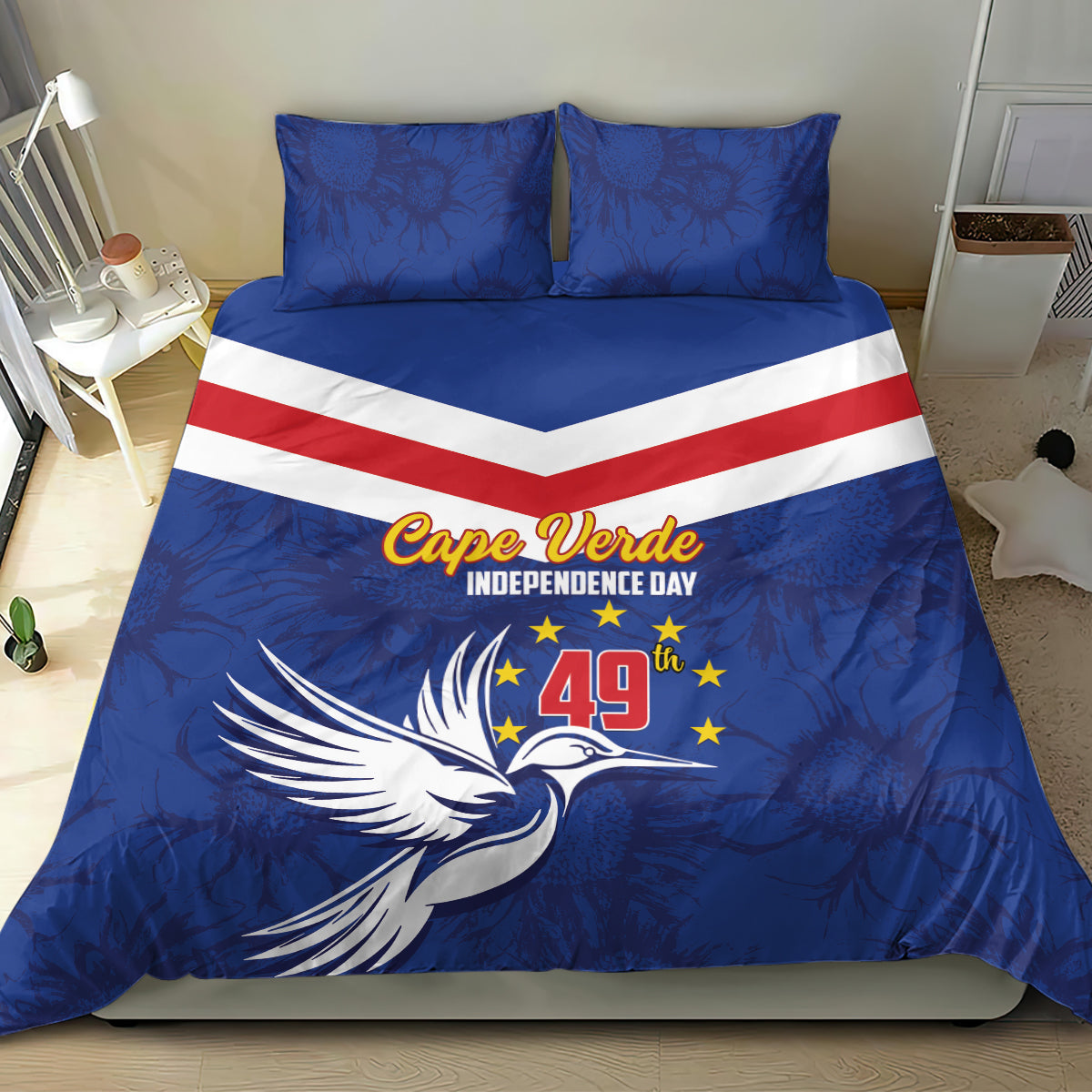 Blue bedding set with red-and-white stripe, dove illustration, and Cape Verde Independence Day 49th print