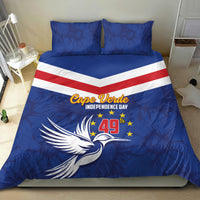Blue bedding set with red-and-white stripe, dove illustration, and Cape Verde Independence Day 49th print