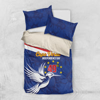Blue duvet and pillowcases with red-and-white stripe, dove graphic, and Cape Verde Independence Day 49th