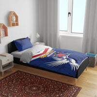 Blue duvet set with red-and-white stripe and dove graphic, Cape Verde Independence Day 49th wording