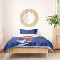 Blue bedding set with dove graphic and Cape Verde Independence Day 49th print on the duvet