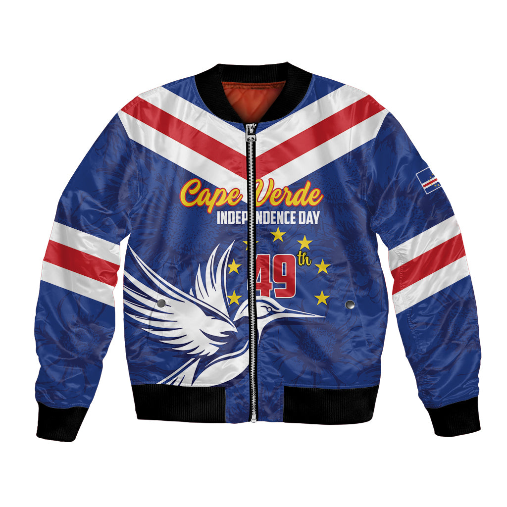 Unisex blue bomber jacket with red-white stripes, front zipper, Cape Verde Independence Day graphic