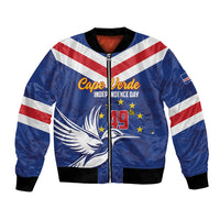 Unisex blue bomber jacket with red-white stripes, front zipper, Cape Verde Independence Day graphic