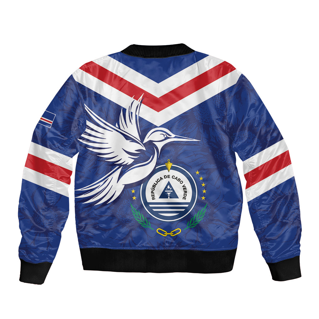 Unisex blue bomber jacket, back emblem with eagle, red-white stripe yoke, ribbed hem