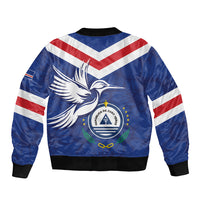 Unisex blue bomber jacket, back emblem with eagle, red-white stripe yoke, ribbed hem
