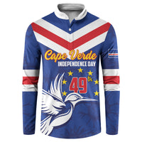 Blue button sweatshirt with Cape Verde graphic, stars, and red-white striped yoke