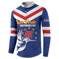 Blue button sweatshirt with diagonal red-white stripes and Cape Verde independence print