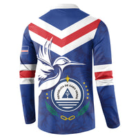 Blue button sweatshirt back view with Cape Verde emblem and red-white chevron