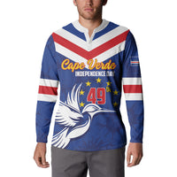 Blue button sweatshirt on model, front print with stars and 49th Independence Day