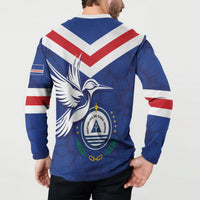 Blue button sweatshirt on model, back print with Cape Verde emblem and laurel