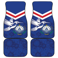 Blue car floor mat set with red-white chevron and bird crest design, four pieces