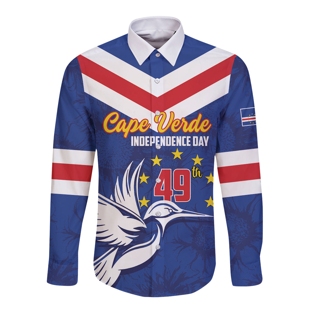 Blue long-sleeve button shirt with red-and-white chevron and dove Independence Day print