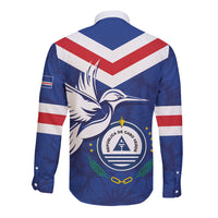 Blue long-sleeve button shirt with chevron back, dove graphic, circular emblem print